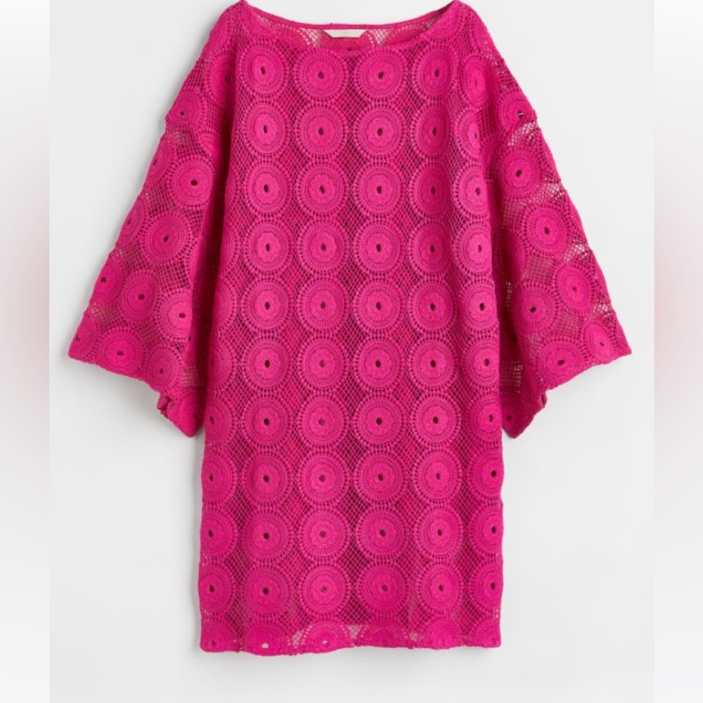 H&M crochet look mini dress in fuchsia pink large sleeve